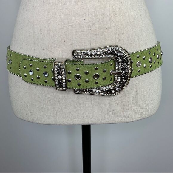 Lime Green‎ Suede Western Belt w/Crystals and Rivets Sz Sm - Picture 1 of 11
